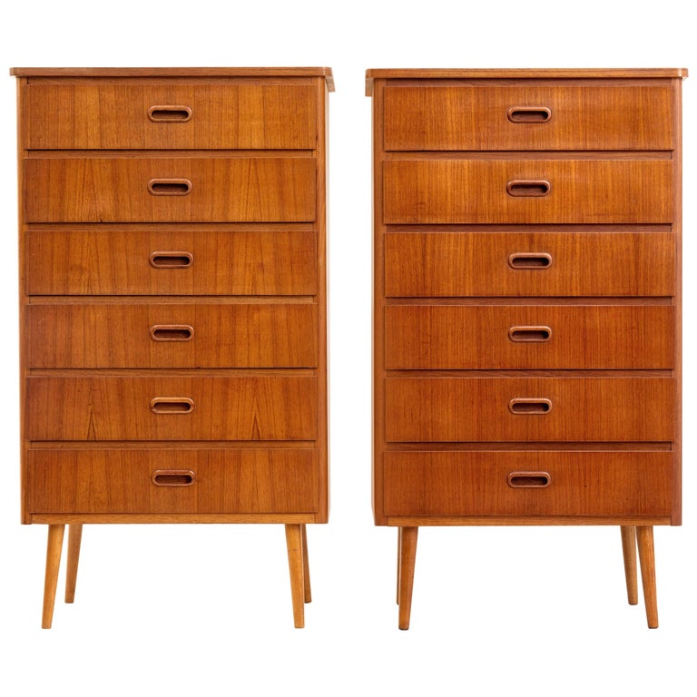 Pair of 1970's Scandinavian tall teak chest of drawers at 1stDibs