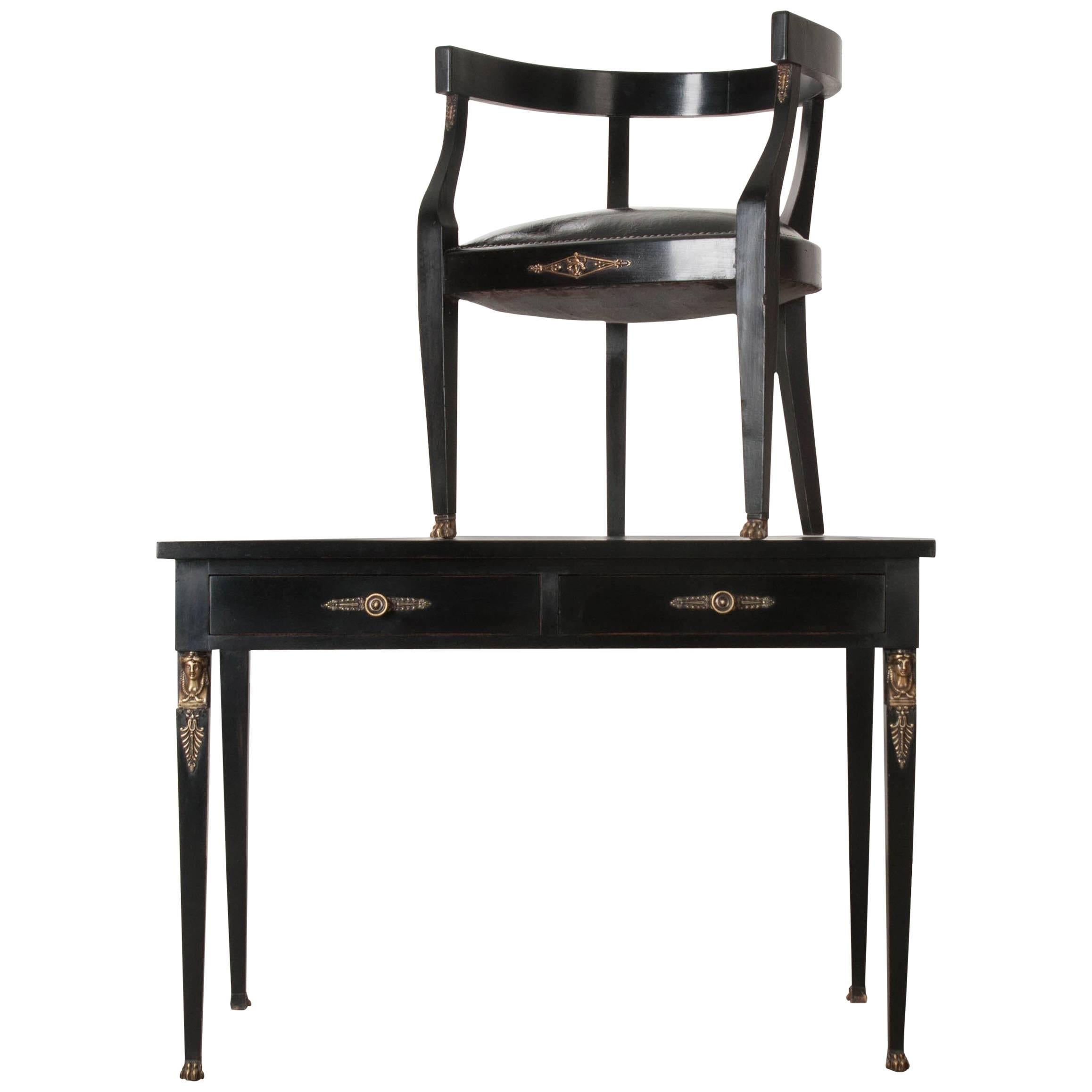 French Early 20th Century Napoleon III Ebonized Desk and Chair