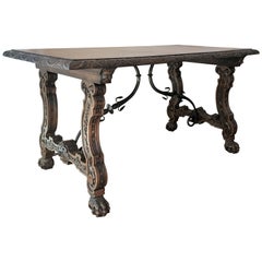 19th Spanish Carved Farm Table or Desk Table with Iron Stretchers