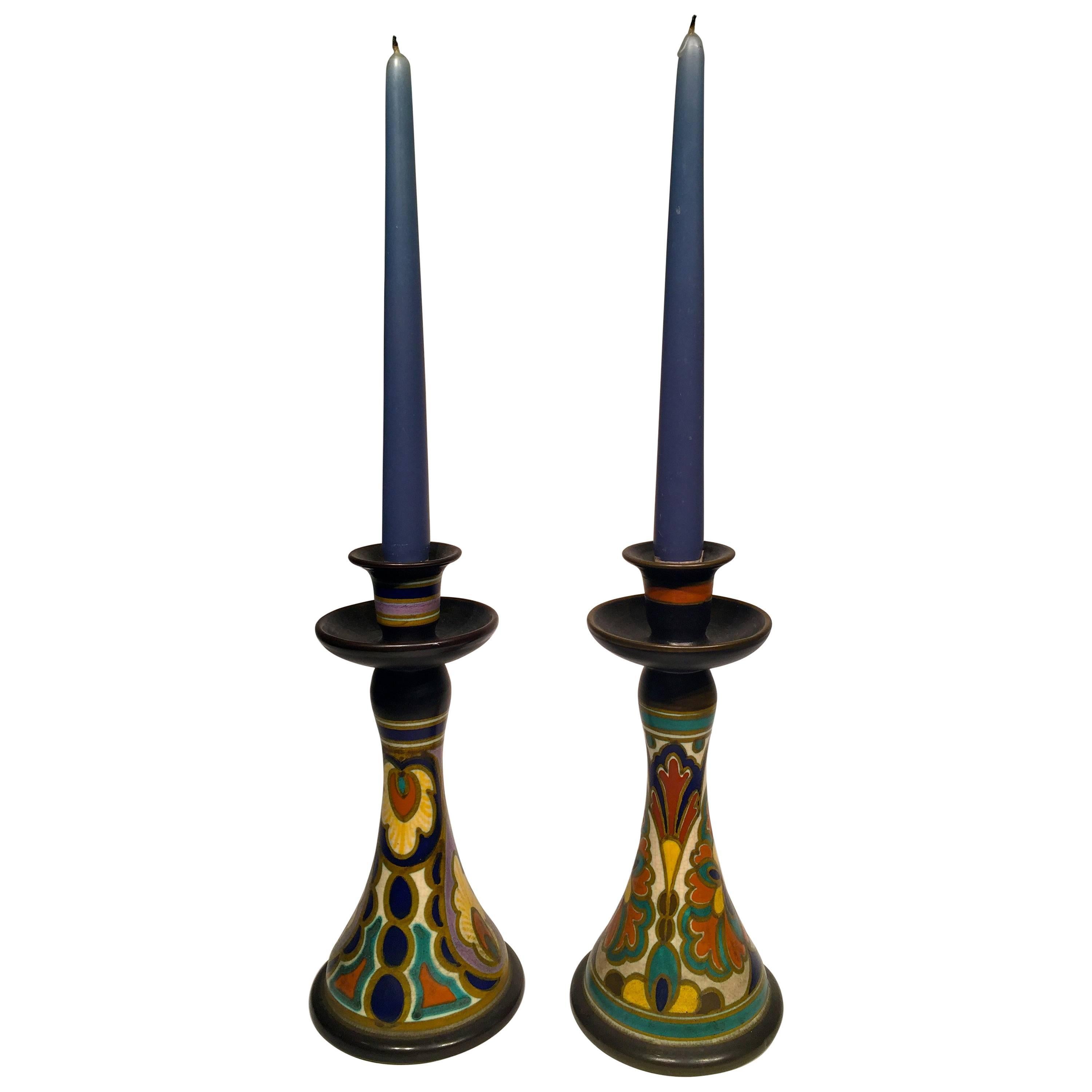 GOUDA Pair of Candleholders in Dutch Art Nouveau Ceramic  circa 1900 For Sale