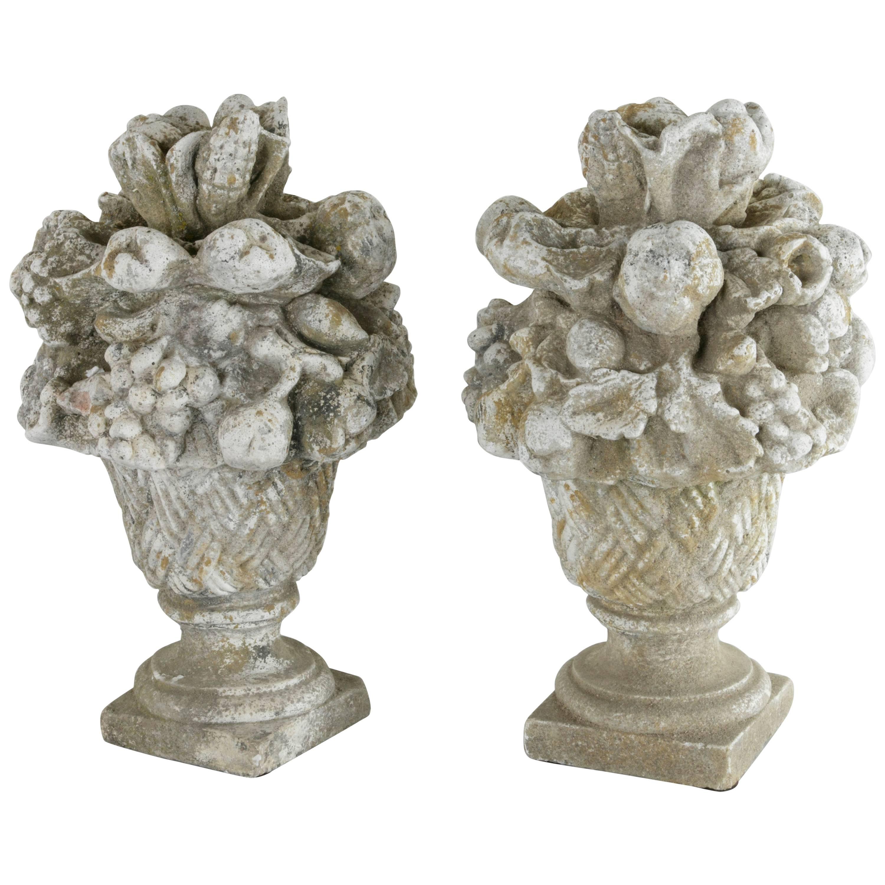 Pair of French Stone Sculptures with Bouquets of Fruit, circa 1900