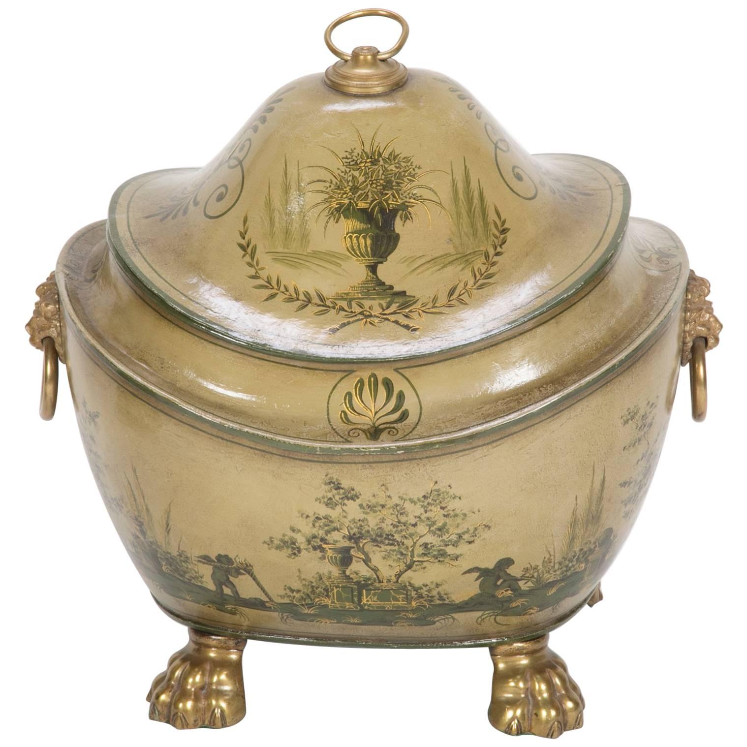 English Regency Olive Green Tole Painted Coal Scuttle with Domed Lid