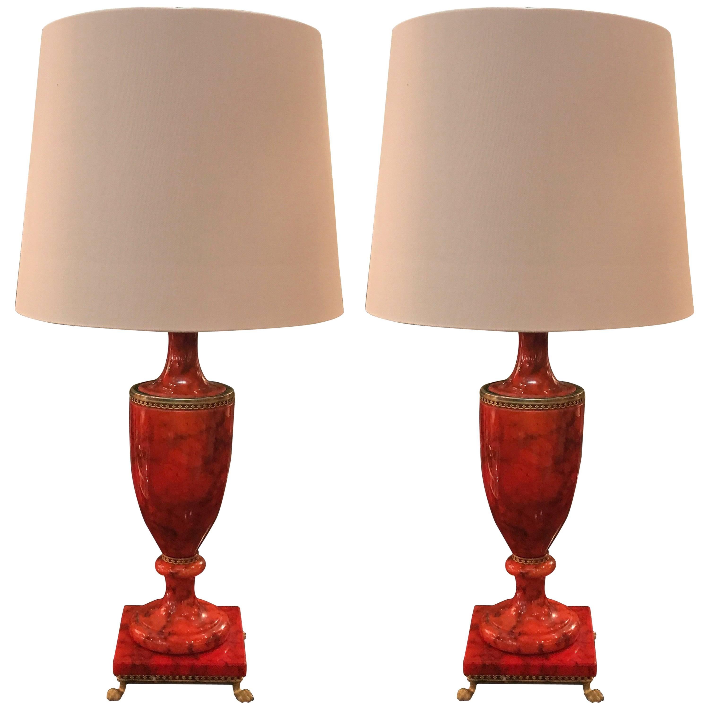 A Pair of Red Polished Italian Alabaster Urn Lamps