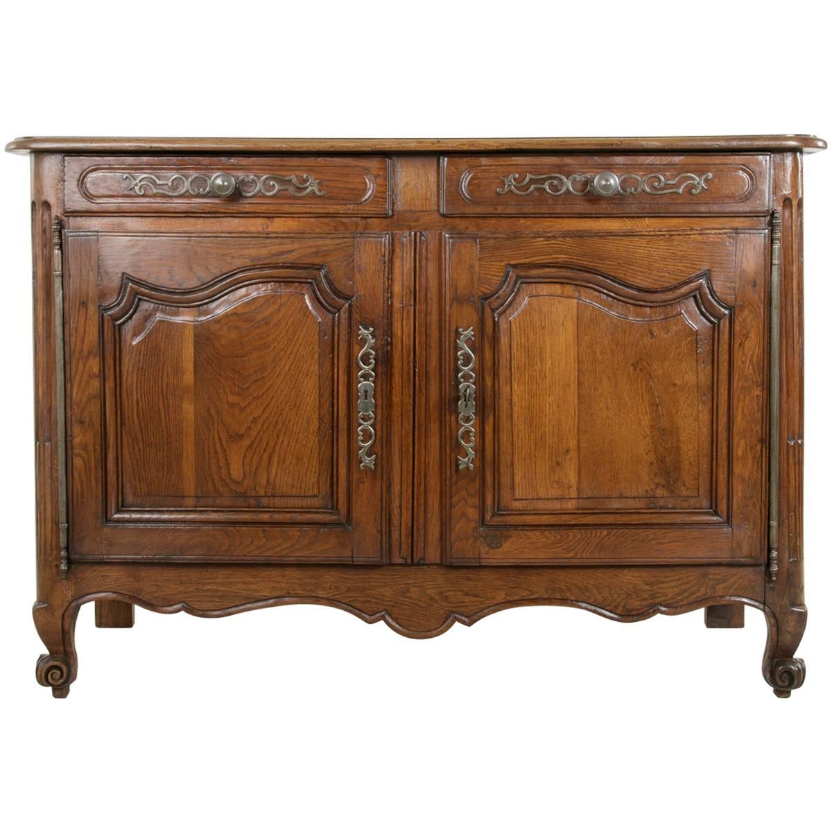 19th Century French Louis XV Hand-Carved Oak Buffet with Secret Drawer