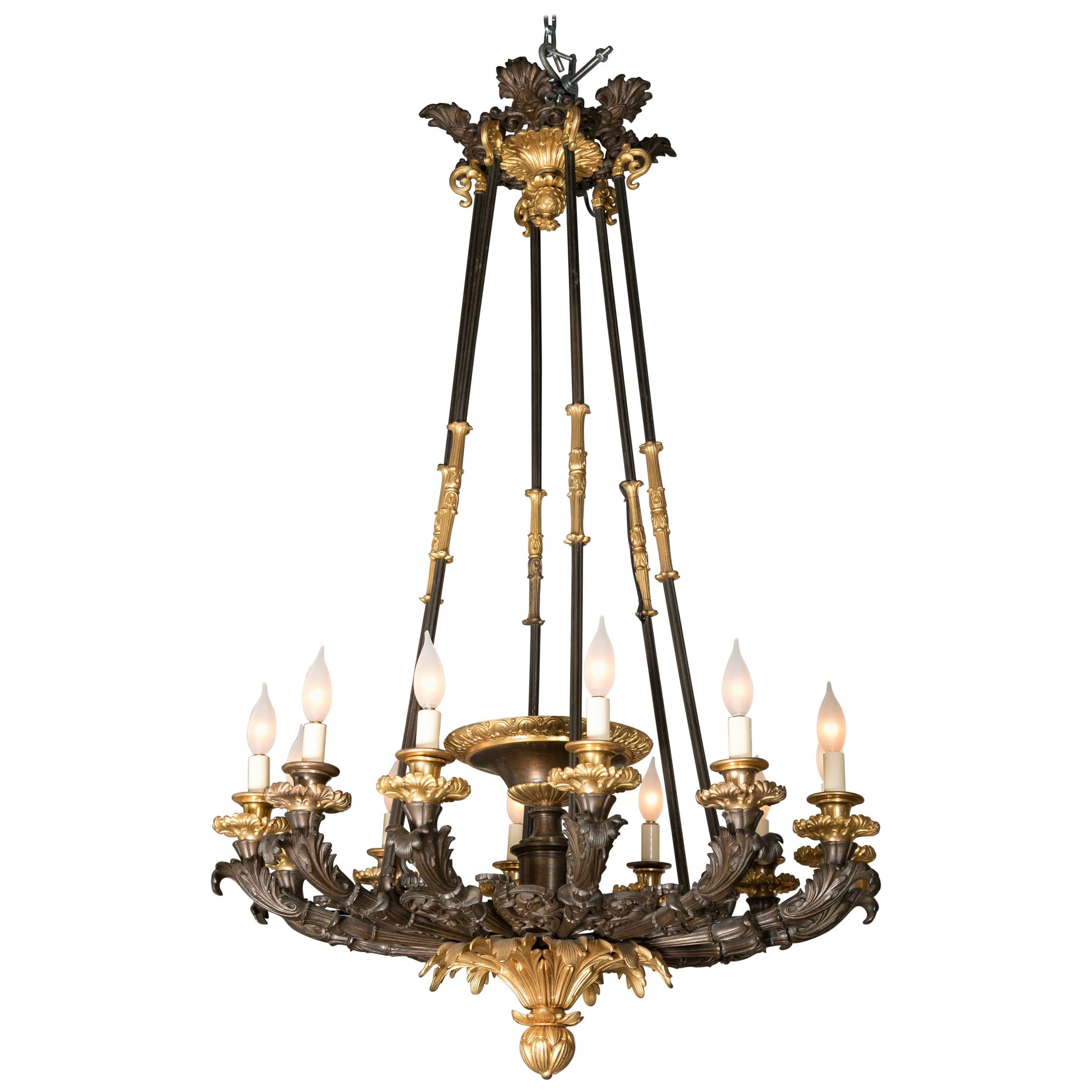 Palatial D'Ore and Patinated Bronze Napoleonic Twelve-Light Chandelier For Sale