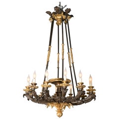 Palatial D'Ore and Patinated Bronze Napoleonic Twelve-Light Chandelier