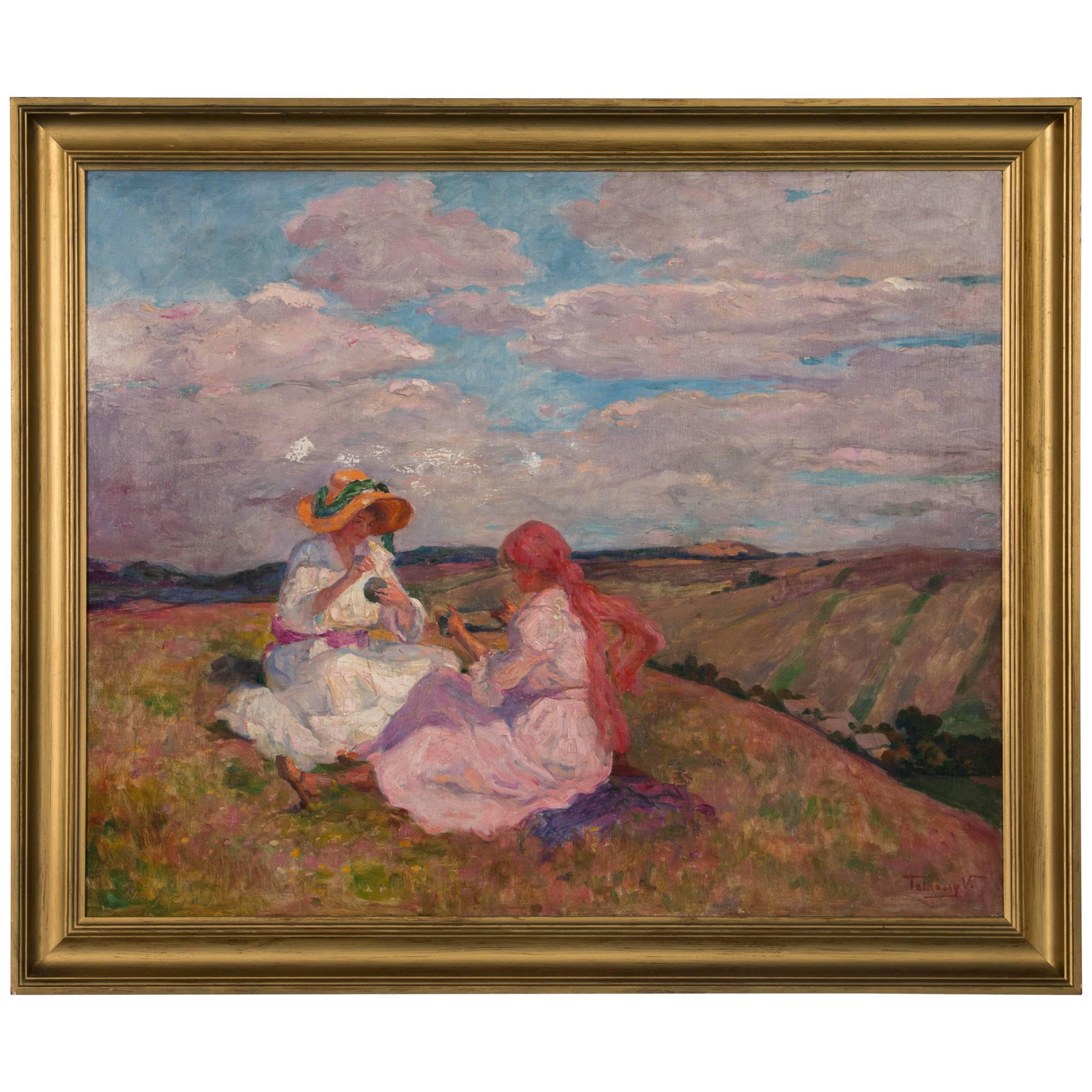 Antique Oil LandscapePainting of Two Girls on Hilltop, signed Valerie Telkessy
