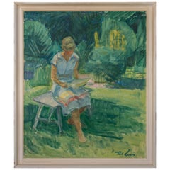 Vintage Oil Painting of a Girl Reading on a Bench by Robert Leepin
