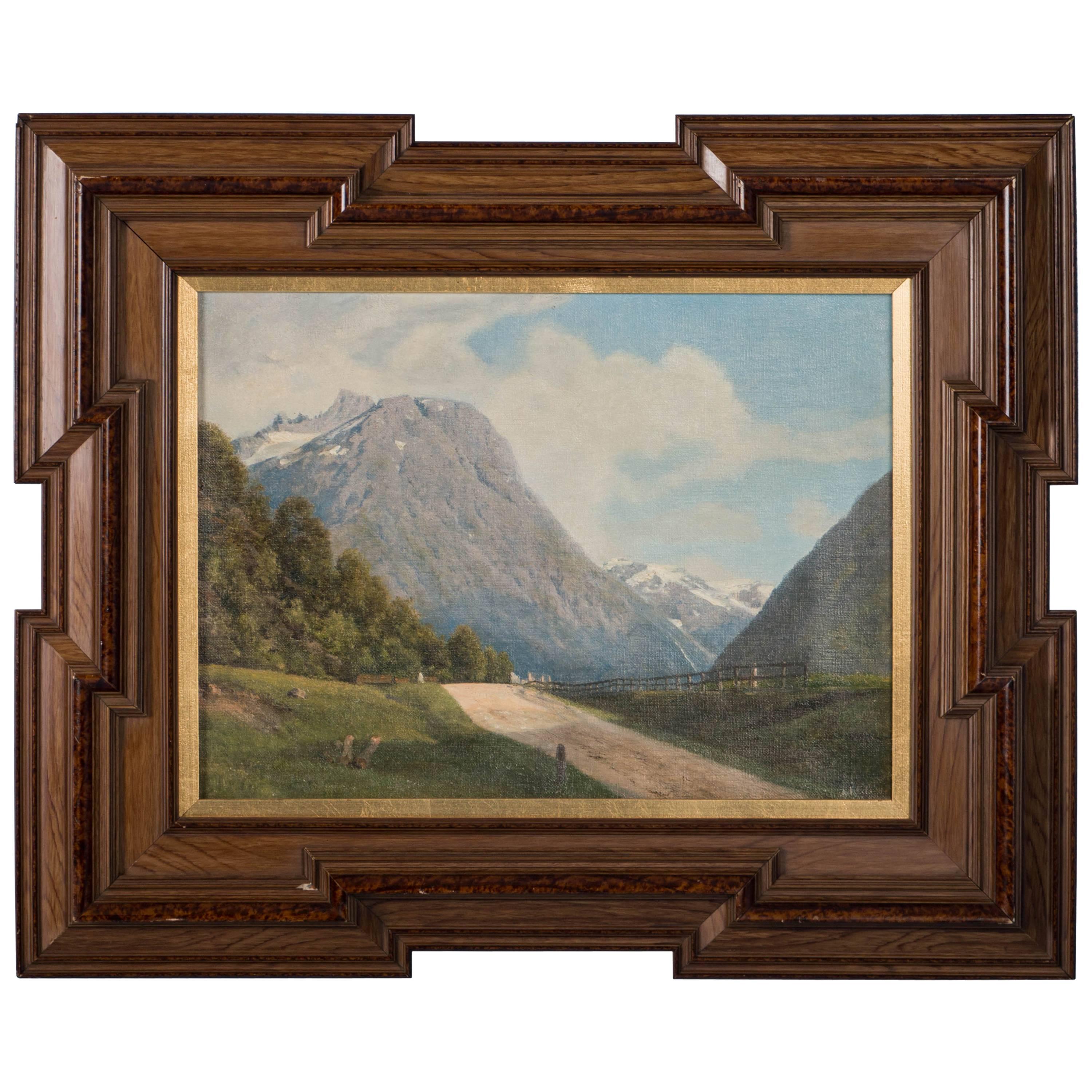 Antique Oil on Canvas Painting of a Norwegian Landscape, Signed Georg E Libart