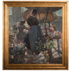 Vintage Oil Painting on Canvas of a Danish Flower Vendor by Carl Forup