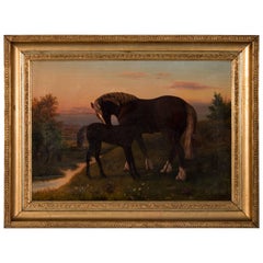 Antique Oil on Canvas Painting Of a Horse 
Her Foal, circa 1880