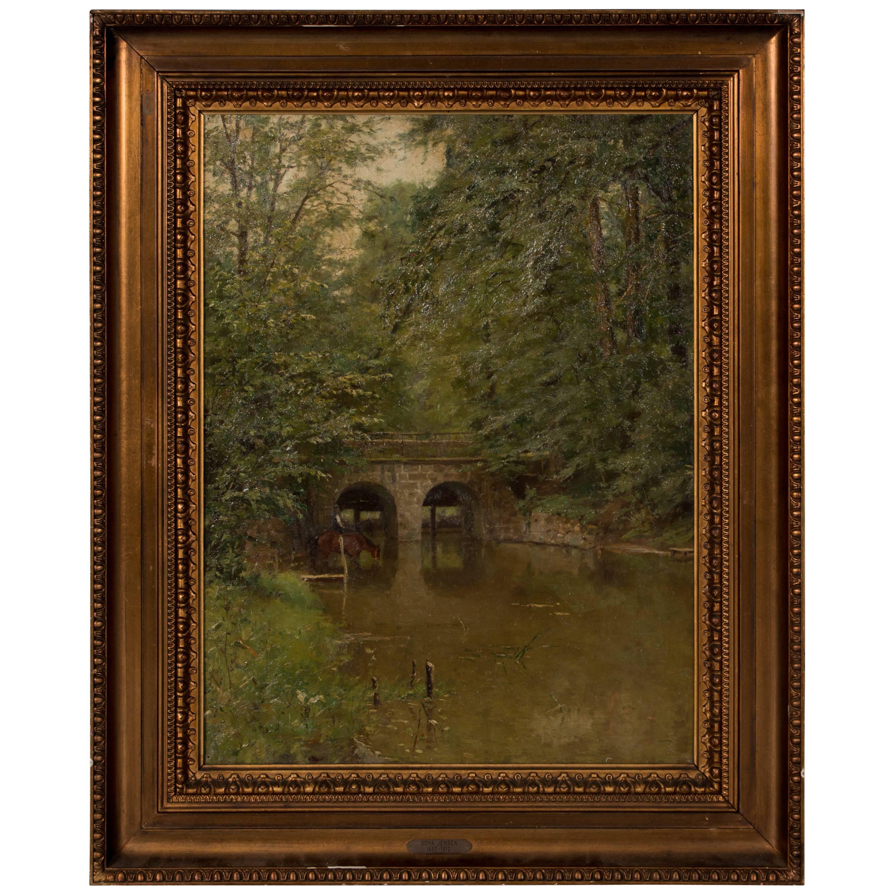 Oil Landscape Painting of Horse and Rider in River, by Karl Martin Soya-Jensen