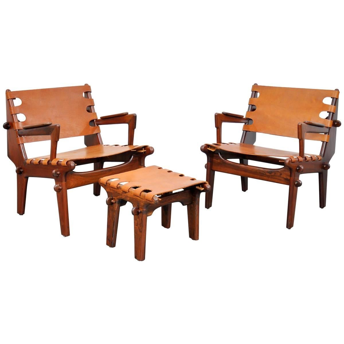 Pair of Angel Pazmino Rosewood and Leather Sling Armchairs and Ottoman