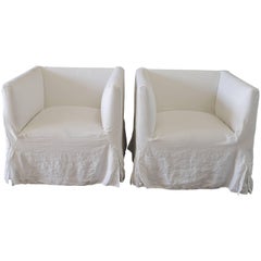 Pair of Linen Slip Covered Club Chairs with Wood Base