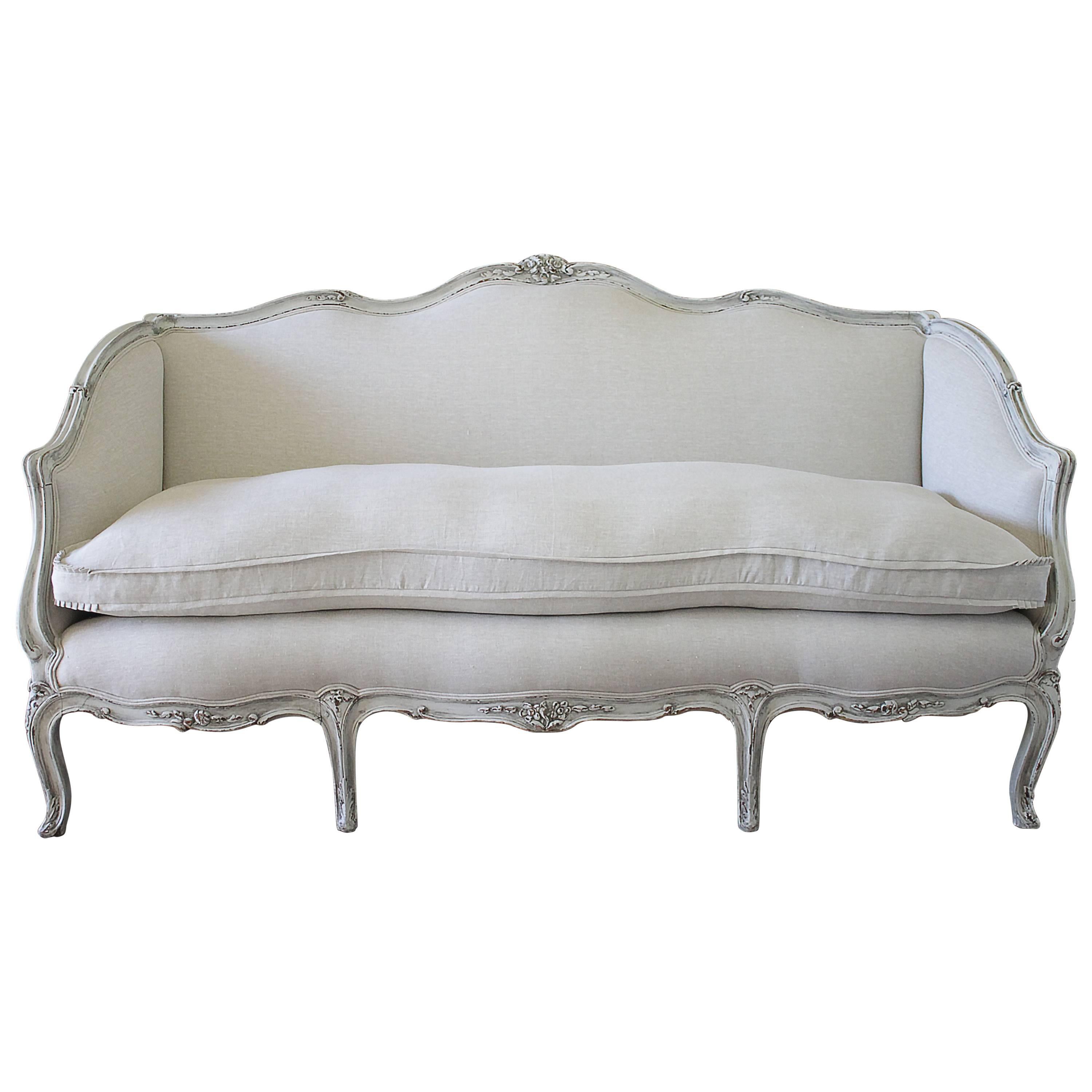 19th Century Carved and Painted Louis XV Style Sofa Upholstered in Organic Linen