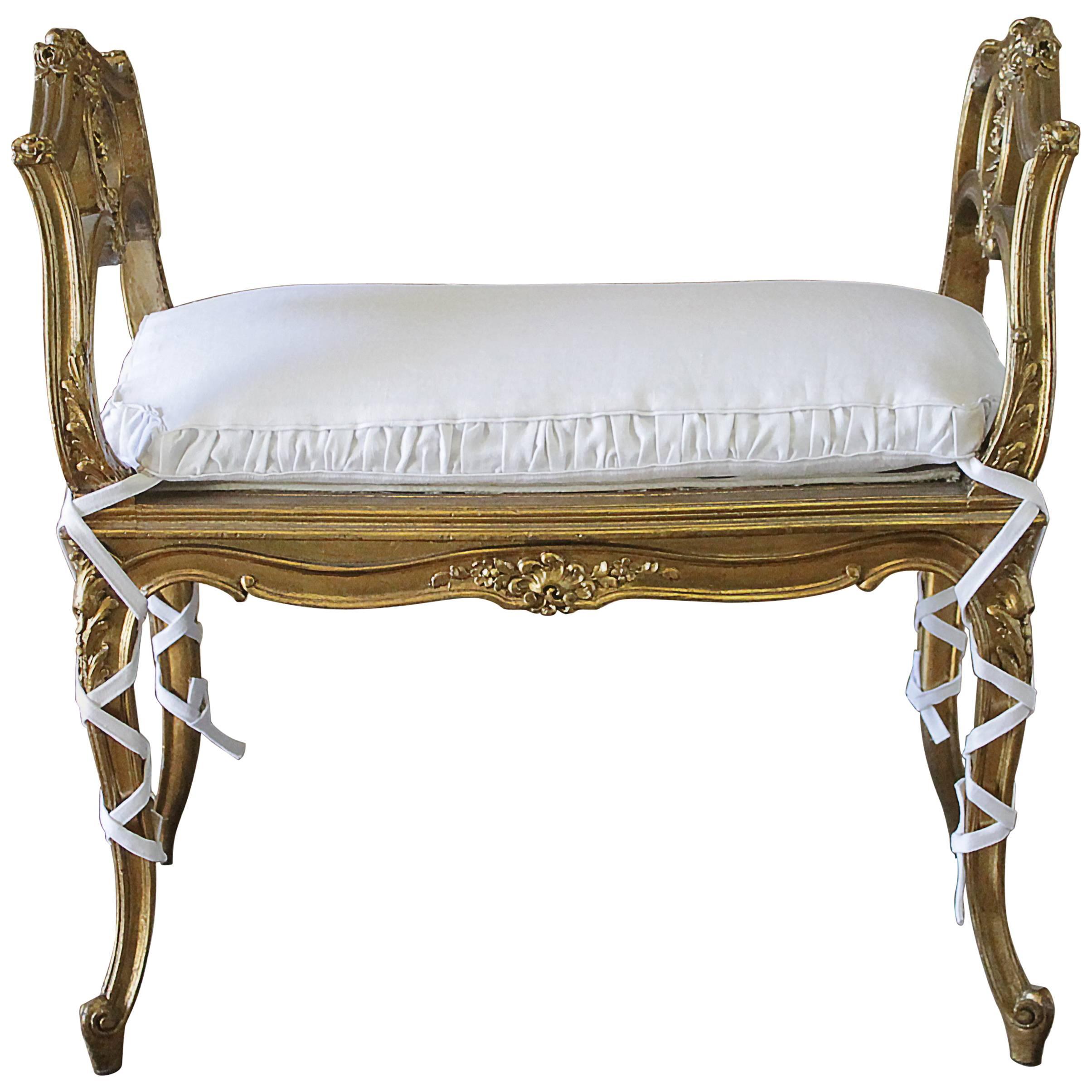 20th Century Louis XV Carved Giltwood Bench with Linen Slip Covered Cushion