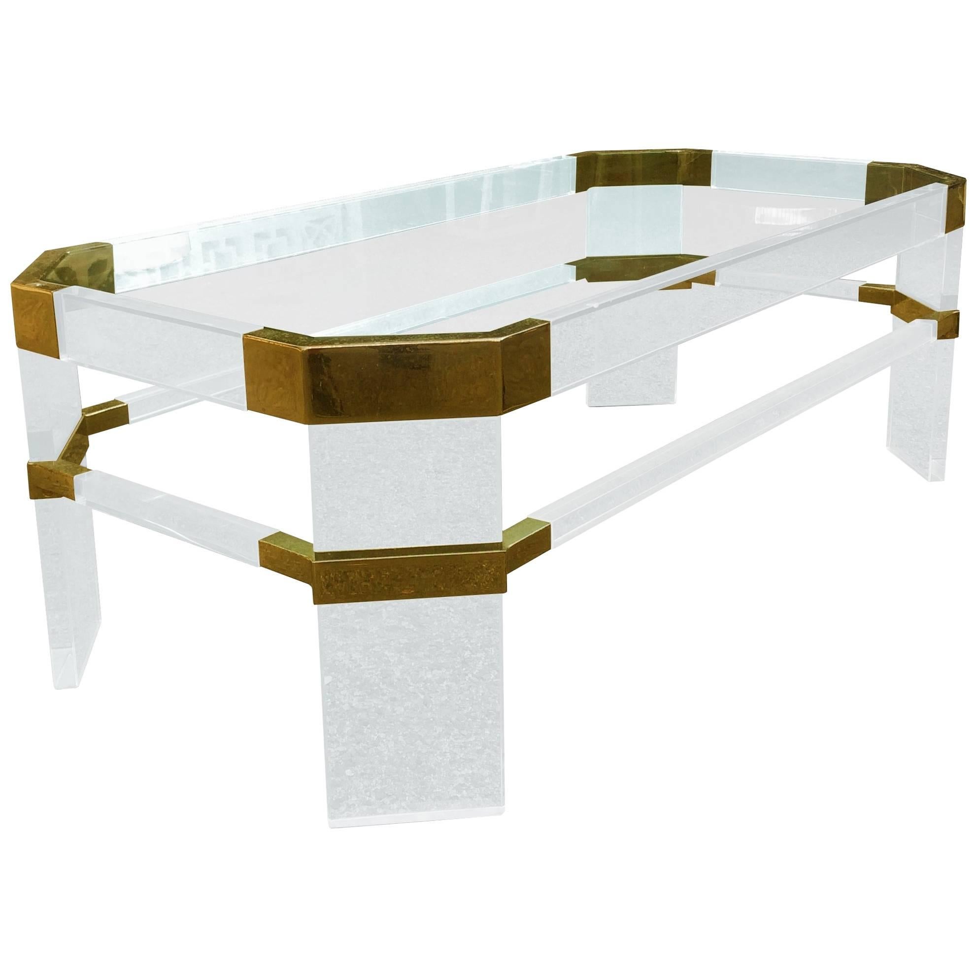 Lucite and Brass Coffee Table by Charles Hollis Jones "Metric, Clipped Corner"