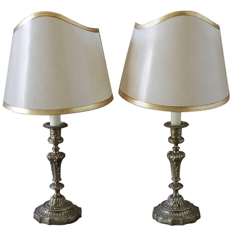 Pair of Brass Candlestick Lamps with Parchment Shades For Sale at 1stDibs