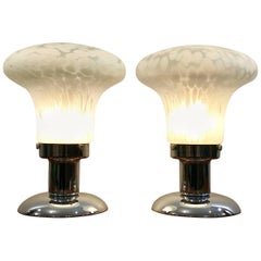 Pair of Art Deco Milk White Murano Glass Table Lamps with Chrome Base, Italy