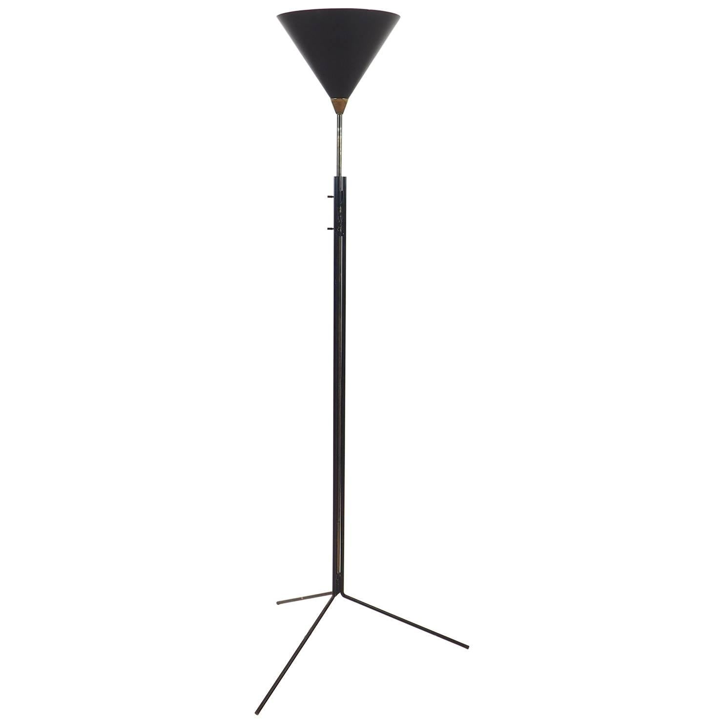 Tito Agnoli Adjustable Floor Lamp with Black Conic Reflector, Milano, 1950s For Sale