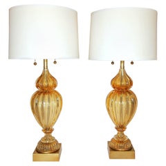 Pair of Large Marbro Seguso Murano Golden Amber Table Lamps