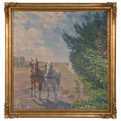 Antique Large Oil on Canvas Painting of Plow Horses, Signed Borge Nyrop