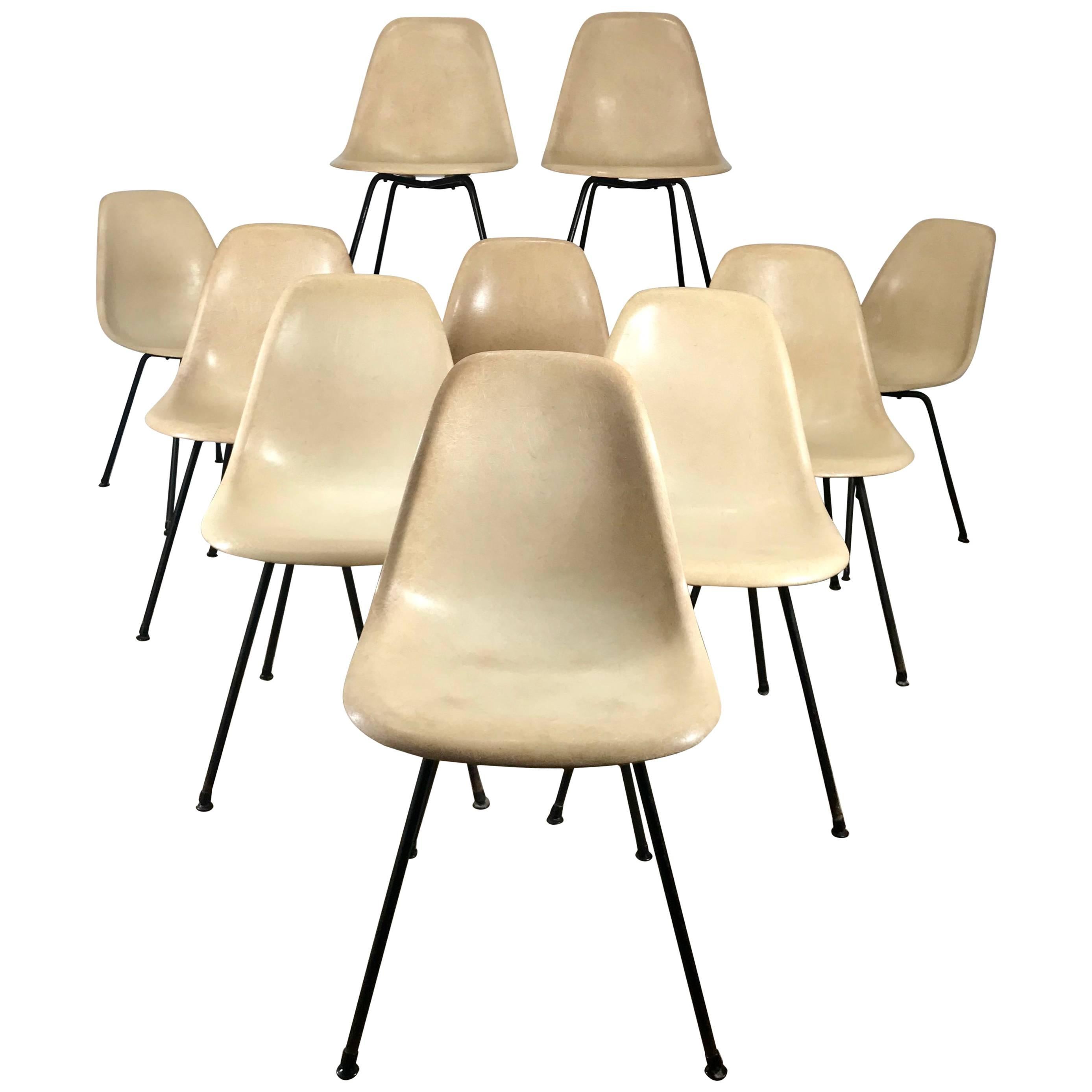 Rare 1st year production Eames Fiberglass Side Shell Chairs, Set of Ten, X-Base