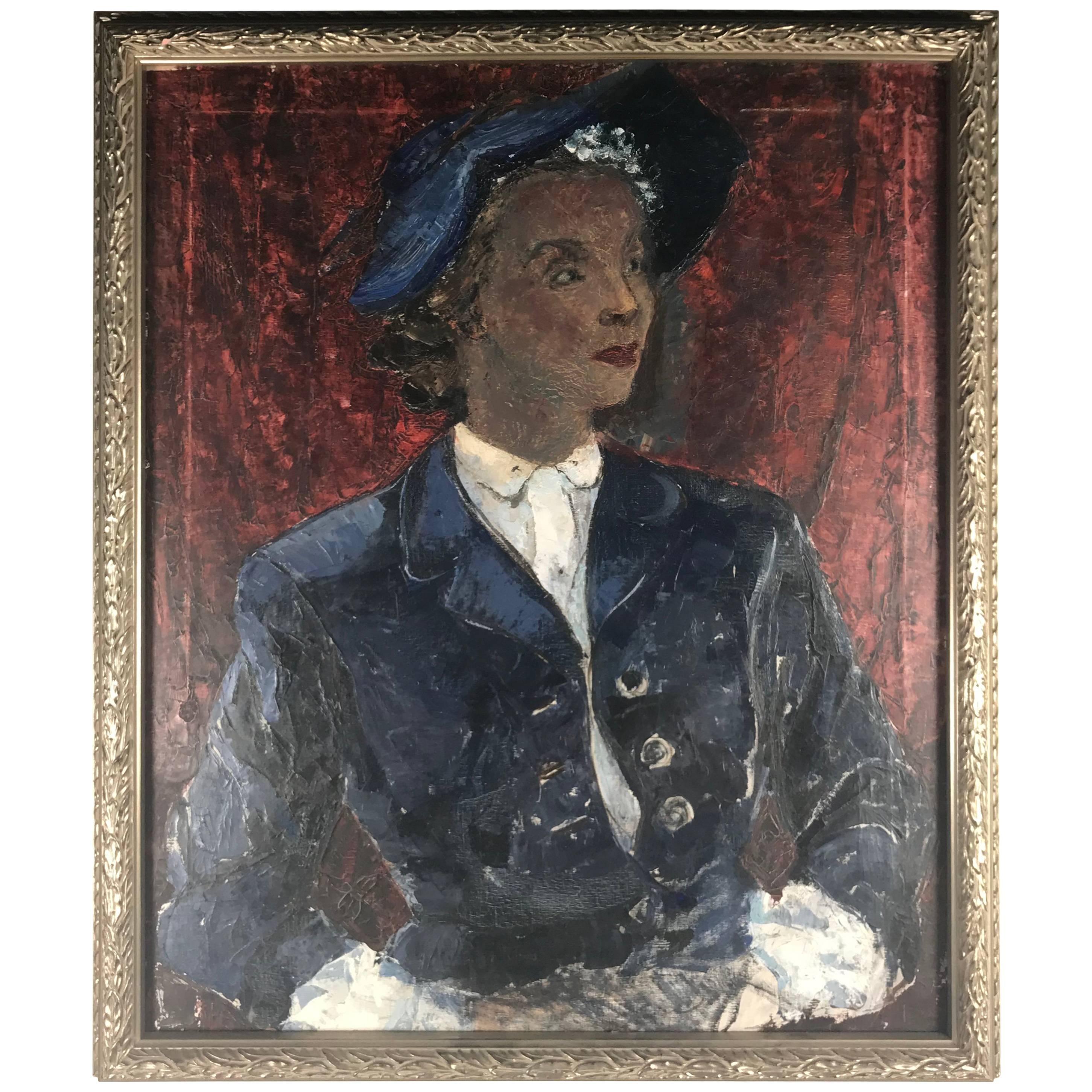 Peinture à l'huile classique du milieu du siècle sur toile, Femme de la société portant un chapeau