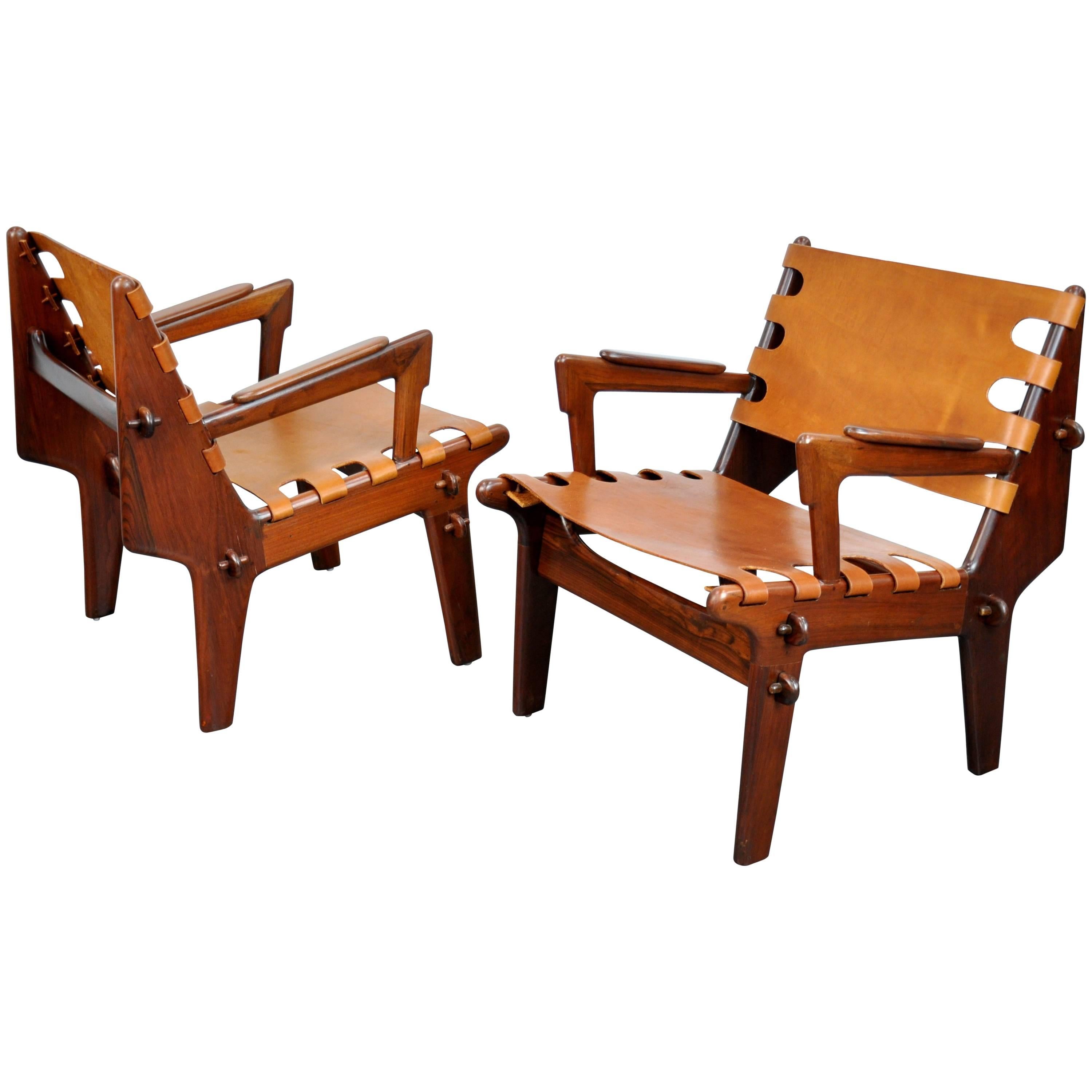 Pair of Angel Pazmino Rosewood and Leather Sling Armchairs