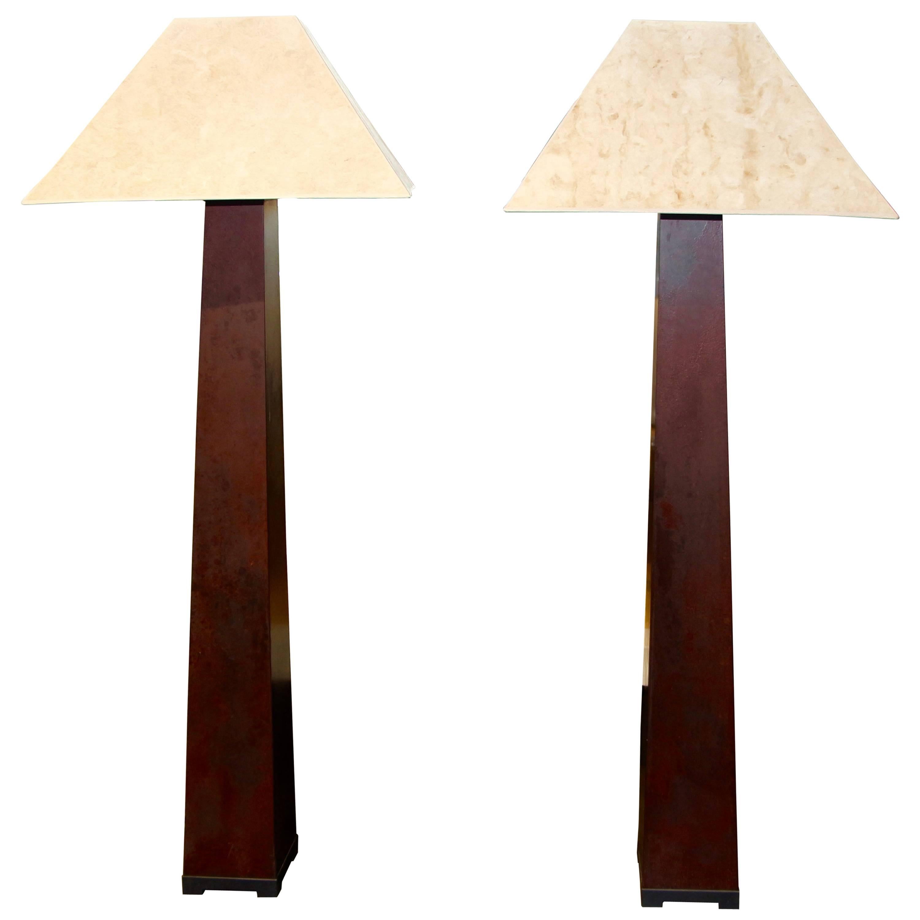 J. Robert Scott Iron Floor Lamps Beautifully Patinated with Original Shades