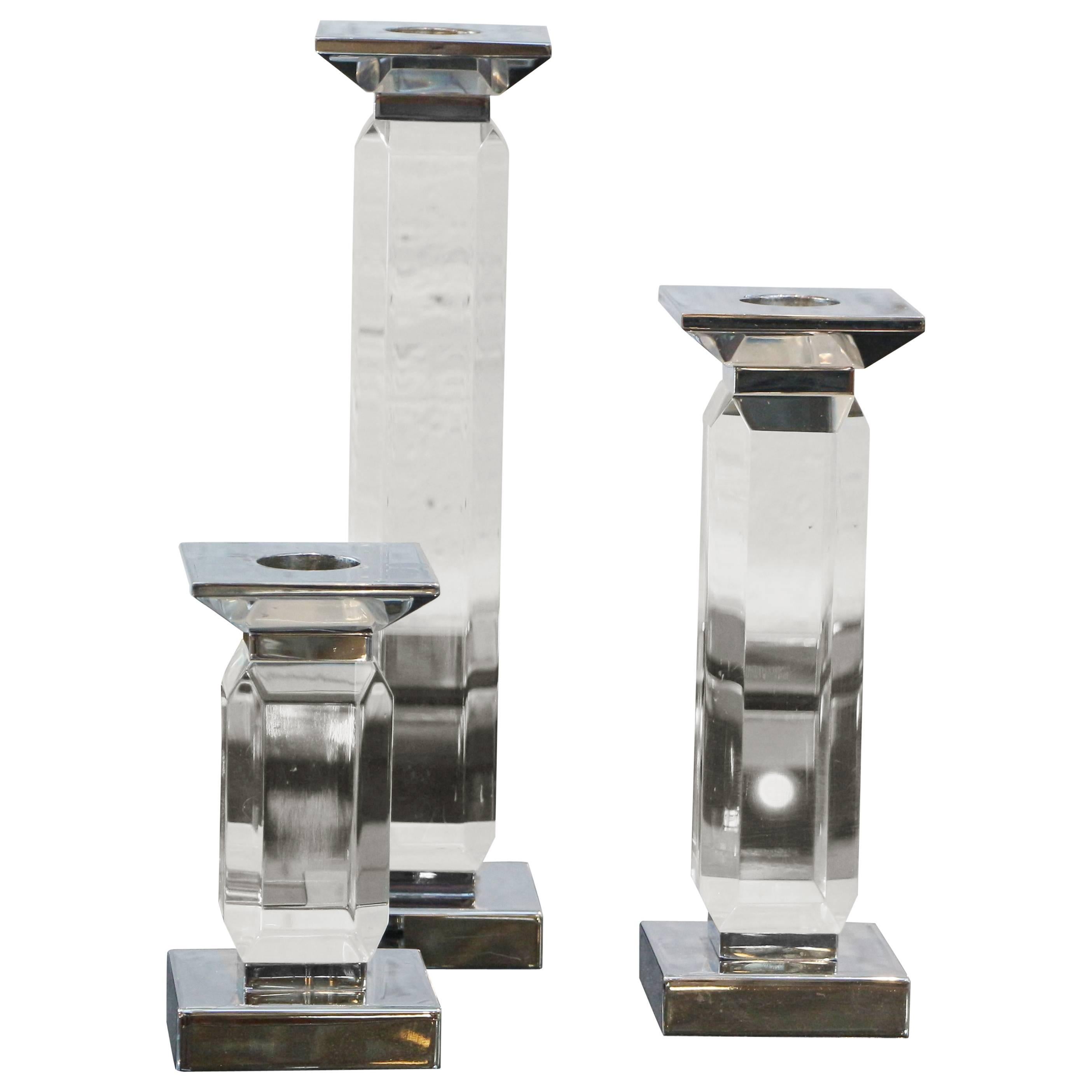 Trio of Staggered Height Candlestick in Lucite & Nickel by Charles Hollis Jones