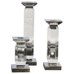 Trio of Staggered Height Candlestick in Lucite & Nickel by Charles Hollis Jones