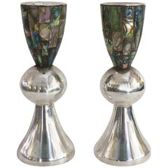 Los Castillo 'Taxco, Mexico' Silver Plate and Abalone Candleholders, Pair