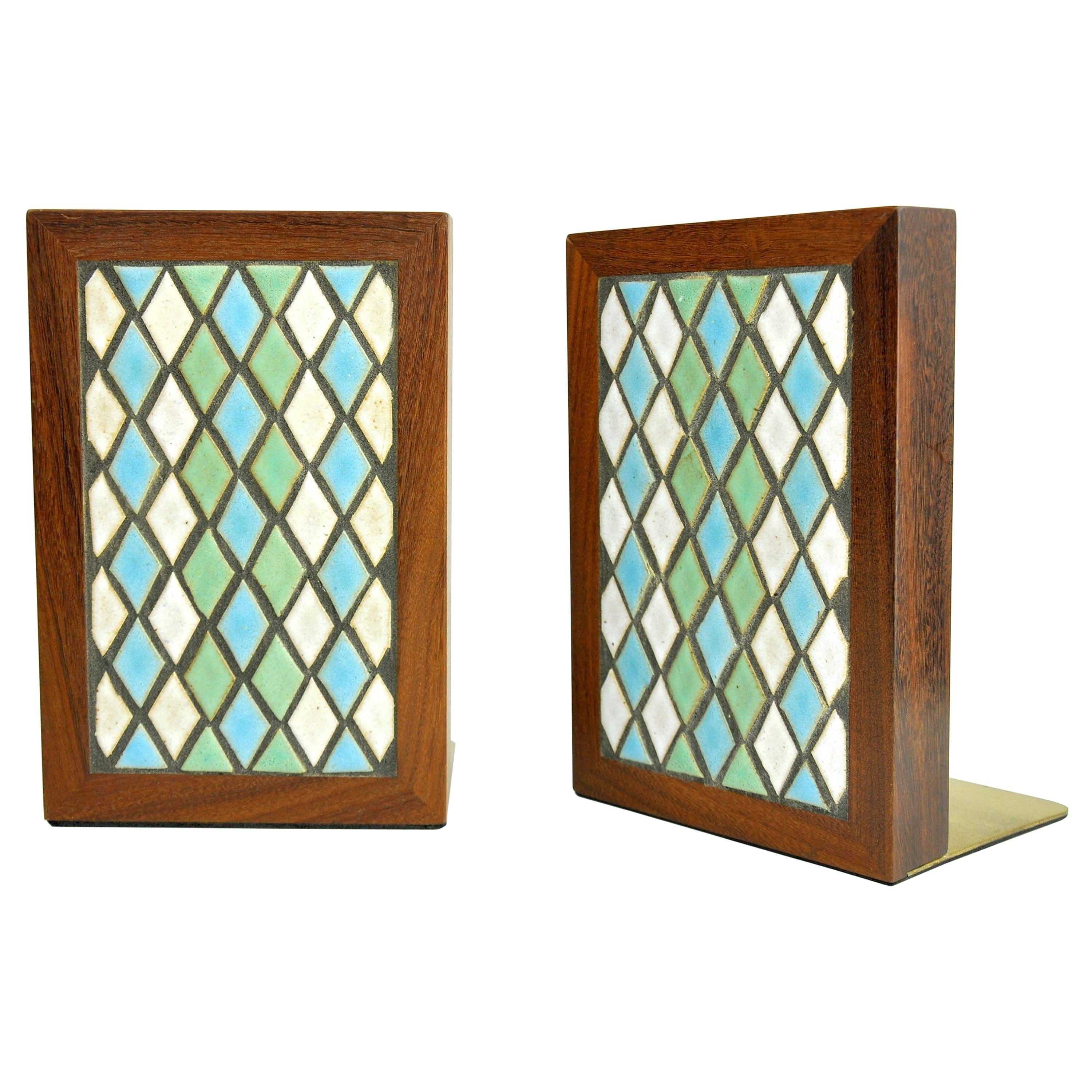 Pair of Jane & Gordon Martz for Marshall Studios Tiled Walnut and Brass Bookends