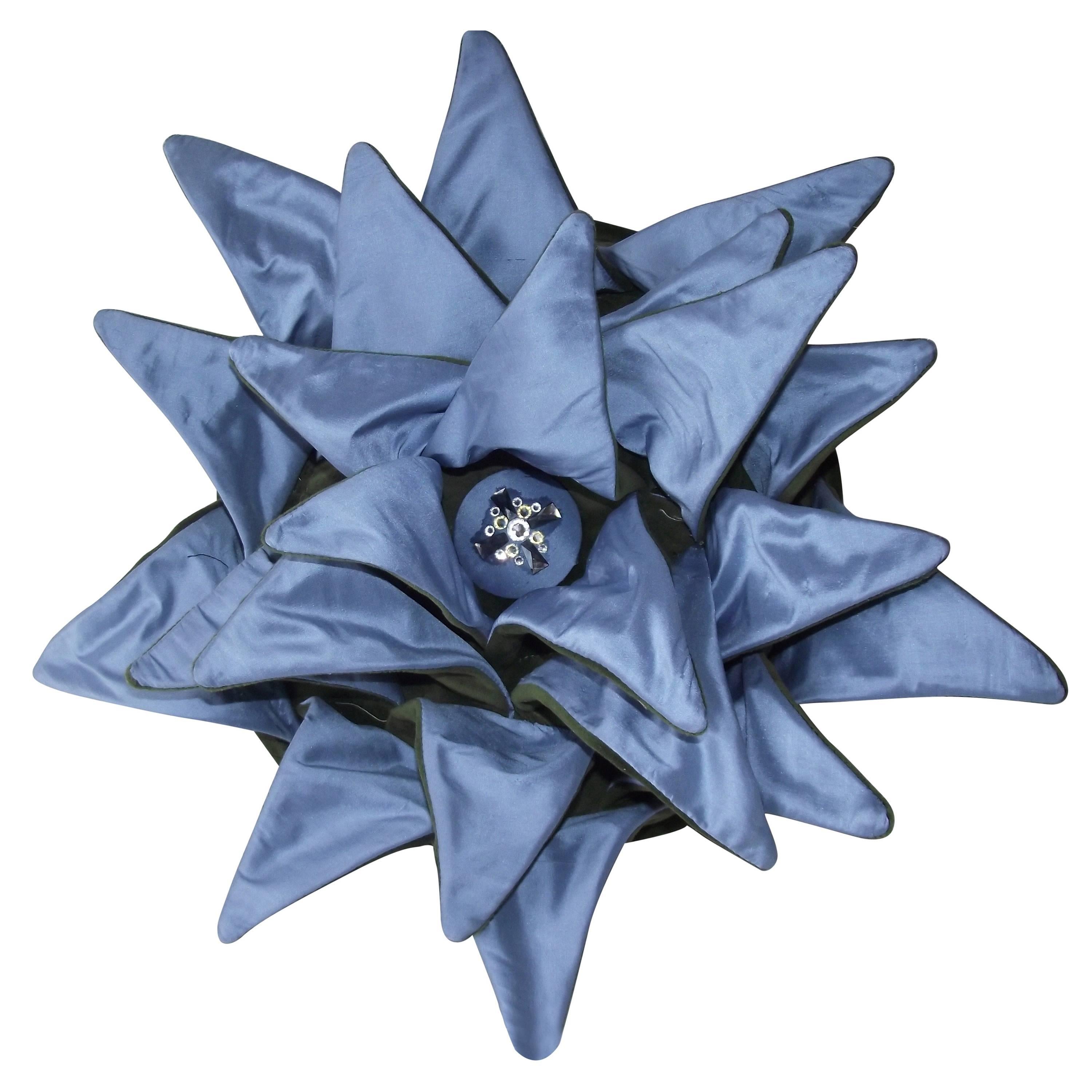 Unusual Blue Dahlia Throw Pillow, Signed  Limited Edition Pillow, Velvet & Silk For Sale
