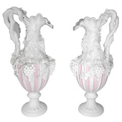 Pair of Parian Urns,  Grape & Vine Decorated Parian Ware Urns/Pink & Whte stripe