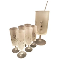 Vintage Mid Century Frosted Martini Cocktail Server with 6 Glasses