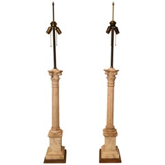 Pair of Marble Column Lamps on Gold Leaf Base