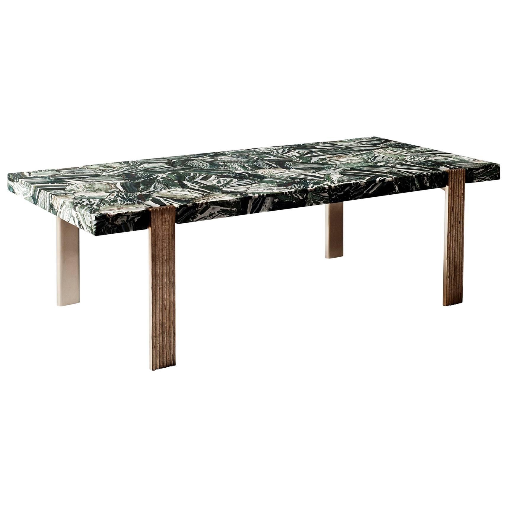 Capital Coffee Table by DeMuro Das in Green Zebra Agate with Cast Bronze Legs For Sale