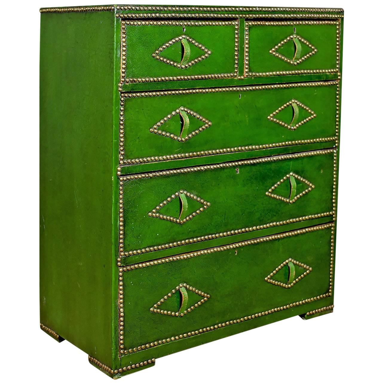 Antique Chest of Drawers, Leather, Studded Finish, English, Victorian Circa 1860