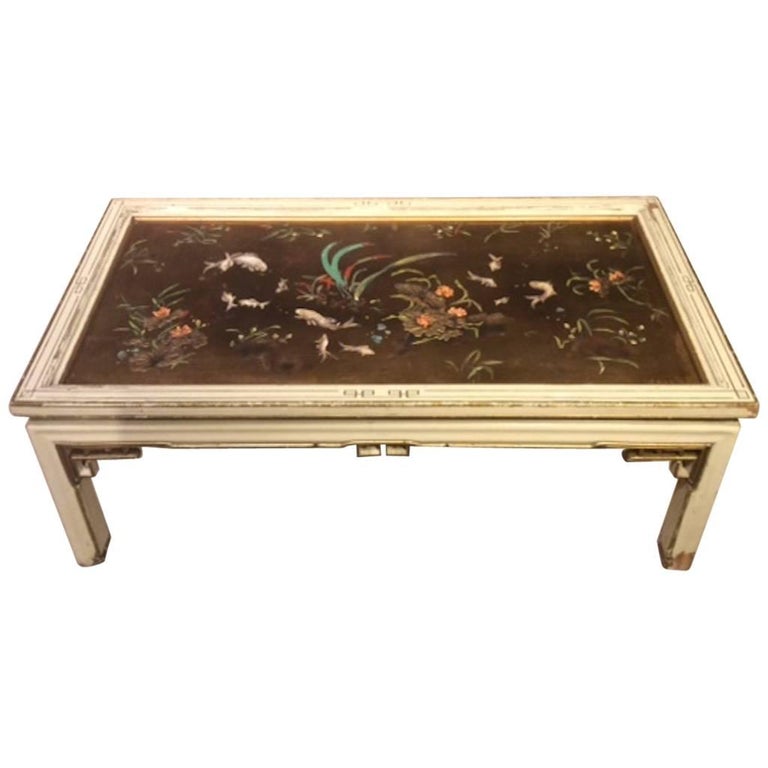 Chinoiserie HandPainted Black Lacquer Coffee Table with Oriental