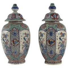 18th-Century, Fine Delft Polychrome Pair of Vases signed Johannes Gaal