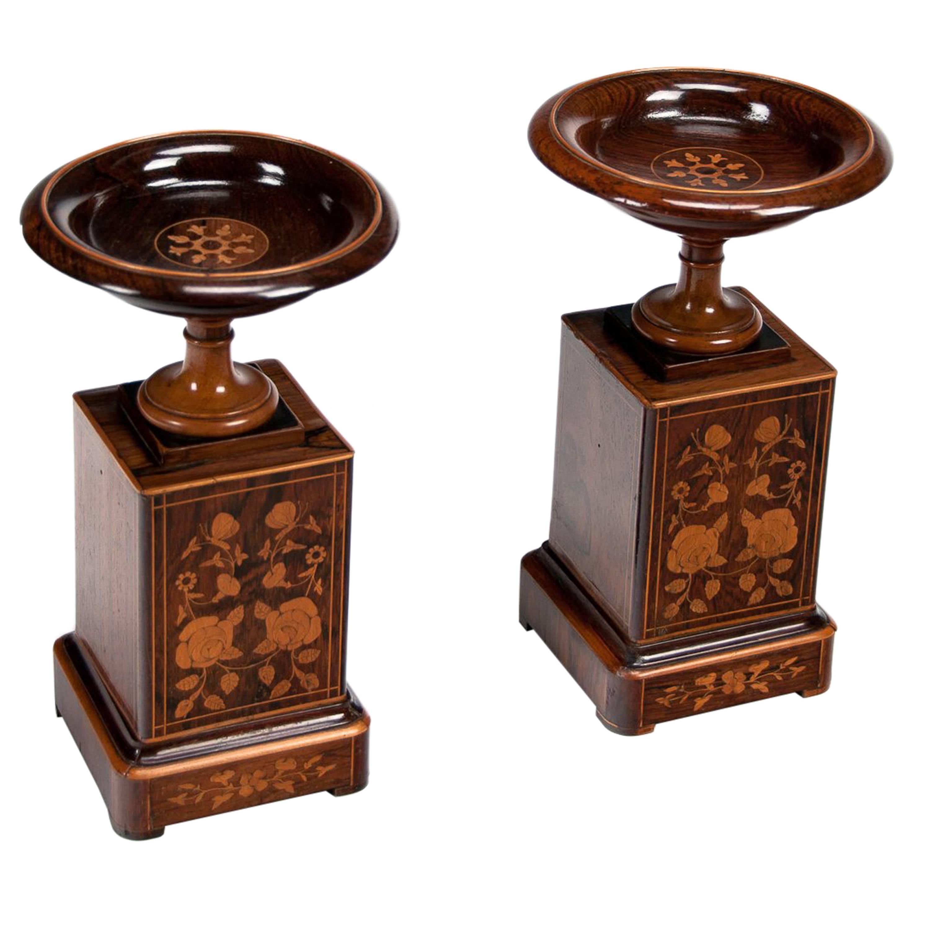 Fine Pair of 19th Century Rosewood Tazzas on Marquetry Pedestals 