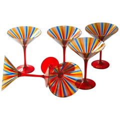 Six Martini Glass, Cenedese a Canne, Cadmium Red Stem, Signed, circa 1960