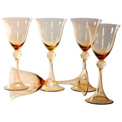 Five Wine Glasses, Cenedese Fume, Gold Leaf Neck, Hand-Opened Stem, Signed 1990s