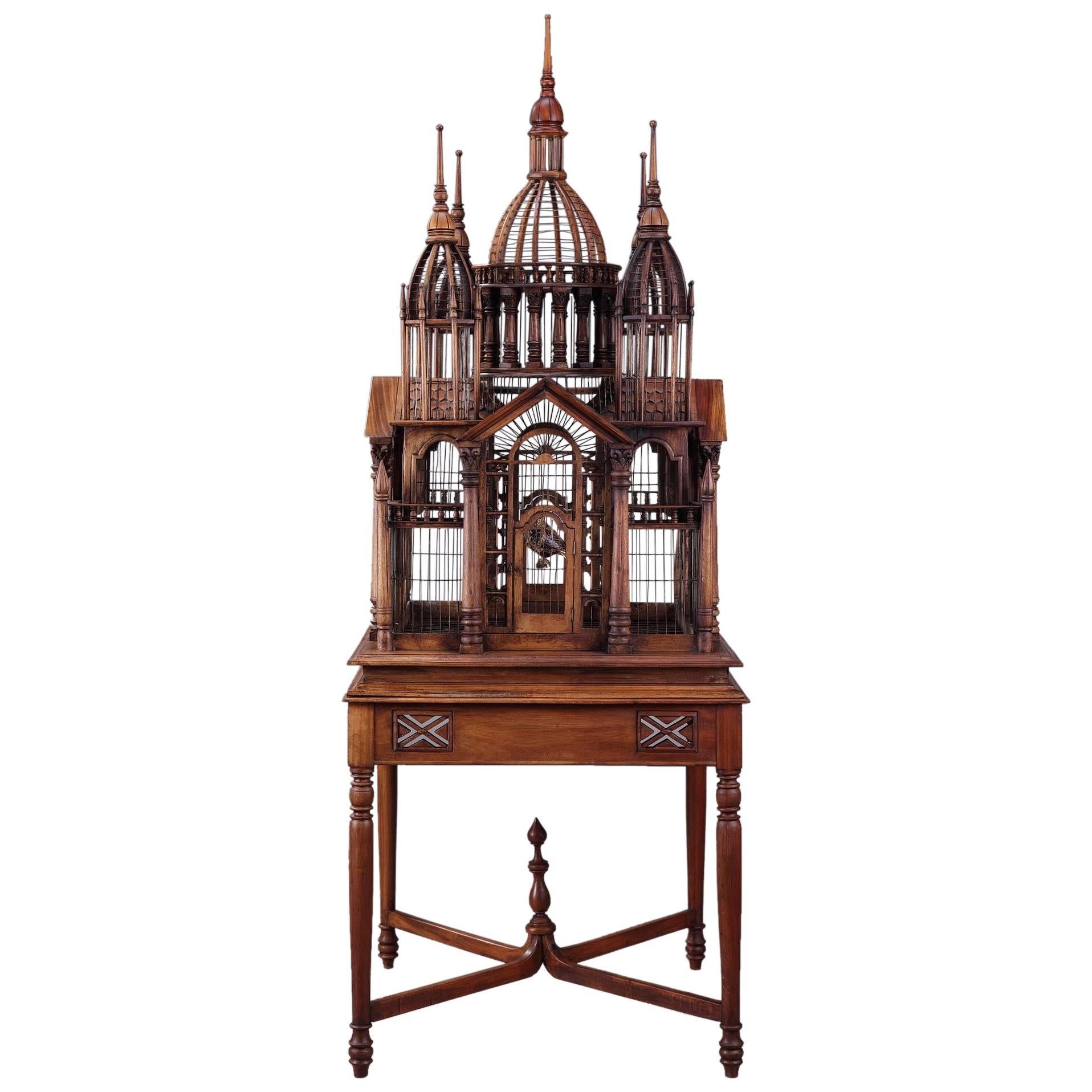 Early 20th Century Architectural Mahogany Cathedral Birdcage