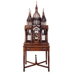 Début du 20e siècle, cage à oiseaux cathédrale en acajou architectural