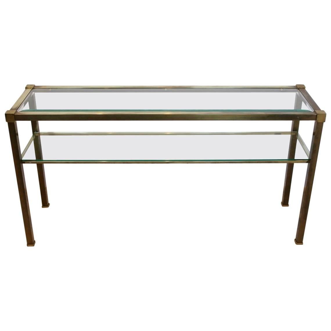 French Two-Tiered Console with Patinated Brass and Facet Glass Top