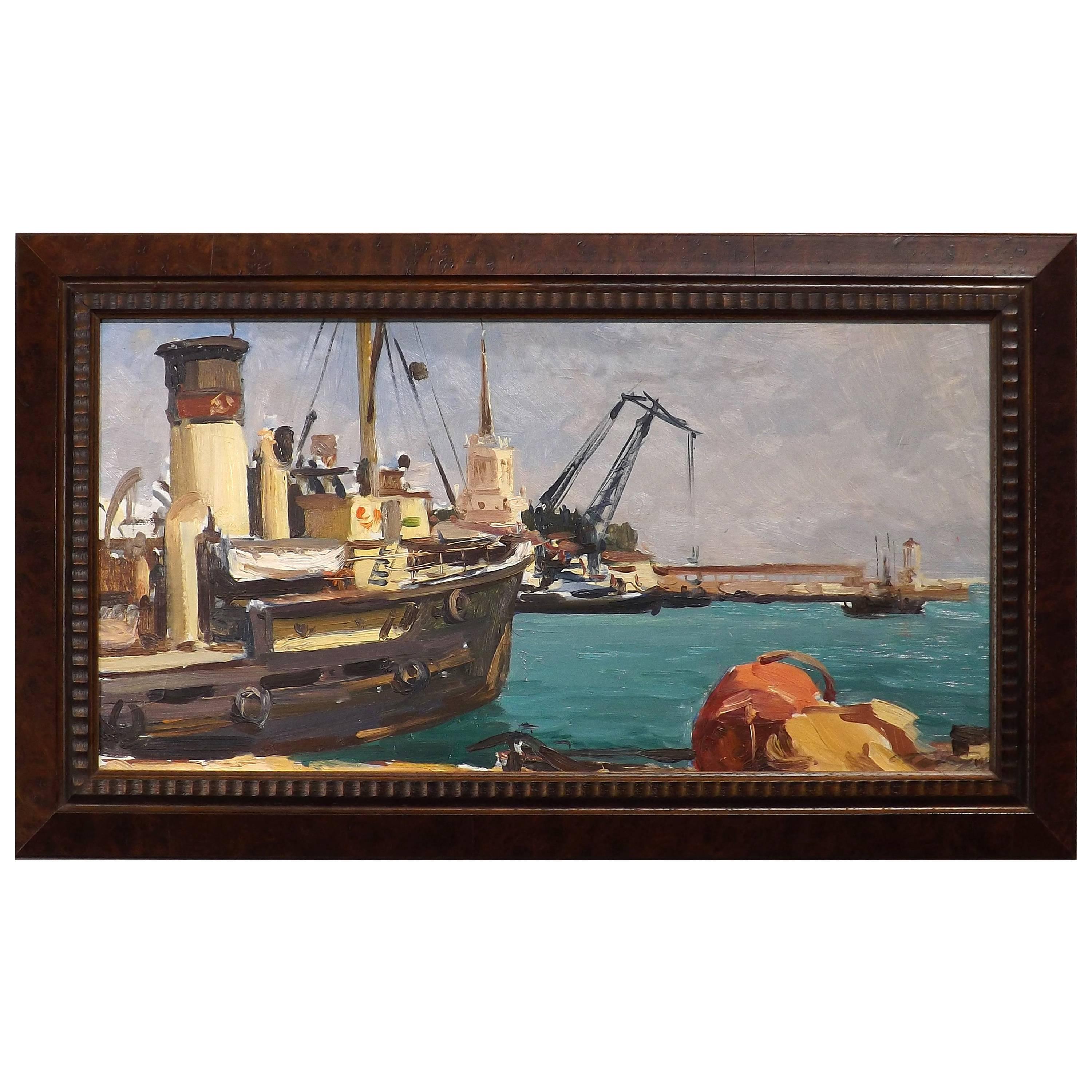 Soviet Era Painting of a Russian Harbor by Oleg Berngard For Sale