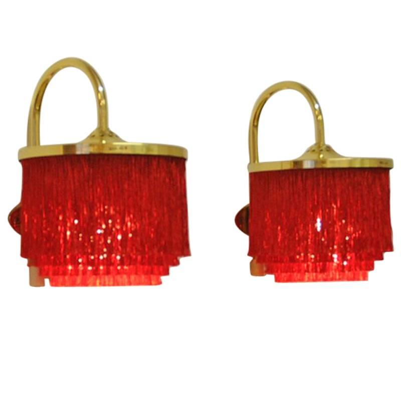 Pair of Red Silk Fringe Wall Lamps V271 from 1960`s, Hans-Agne Jakobsson-Sweden